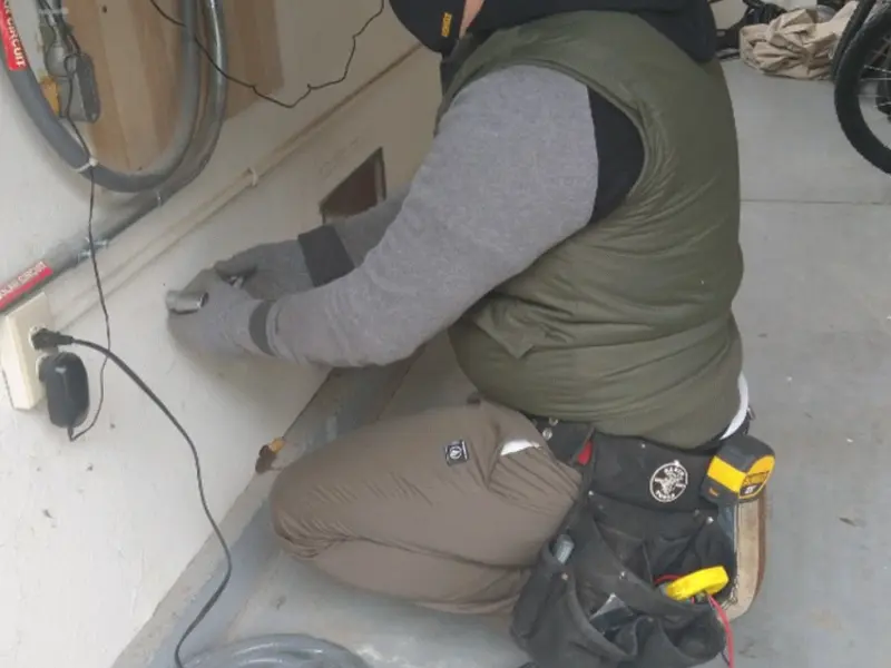 Electrician performing outlet wiring in a Midwest City garage